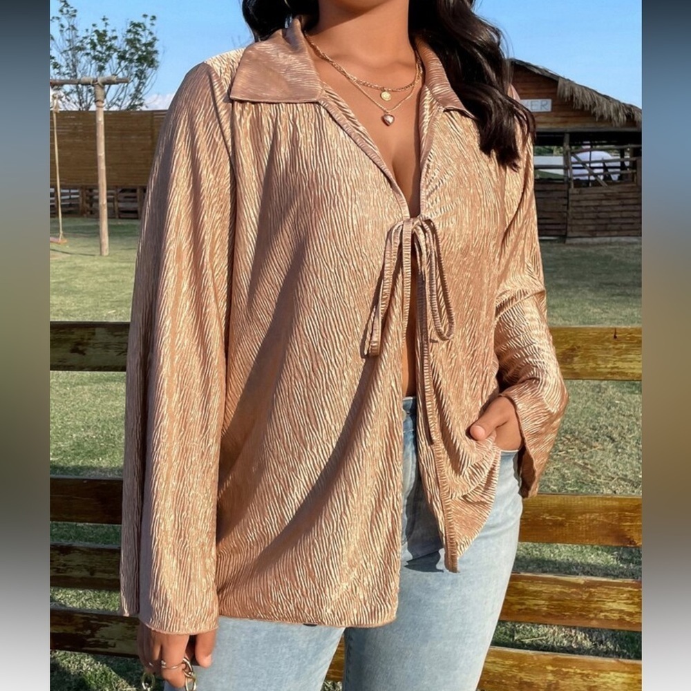4XL Crinkle Satin Tie Front Top Blouse Brown Bronze Plus Size Oversized - Picture 6 of 9